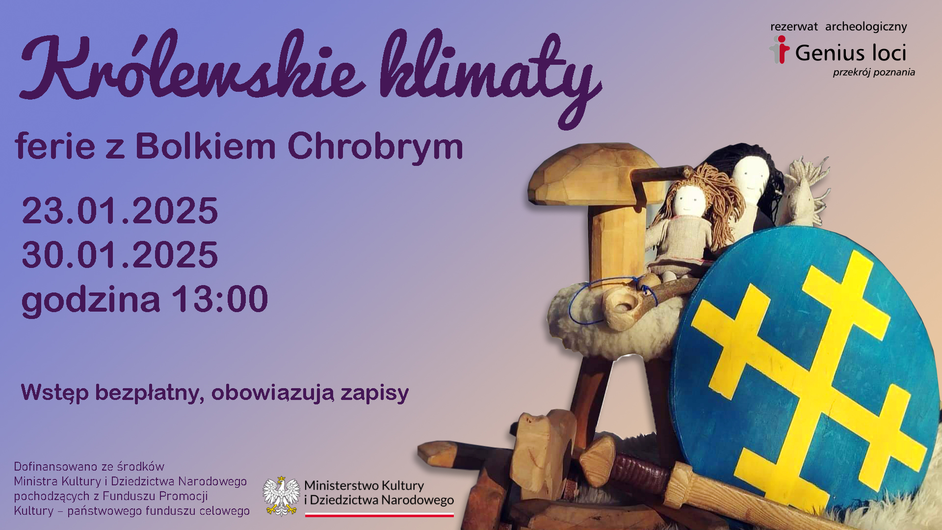Plakat promujący ferie zimowe w rezerwacie archeologicznym